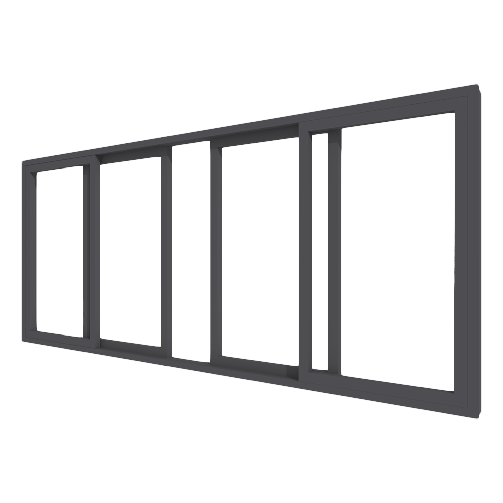 Visualisatie van vierdelige aluminium schuifpui met twee vaste delen en twee schuifdelen in donker kozijnprofiel – Toelevering Online
