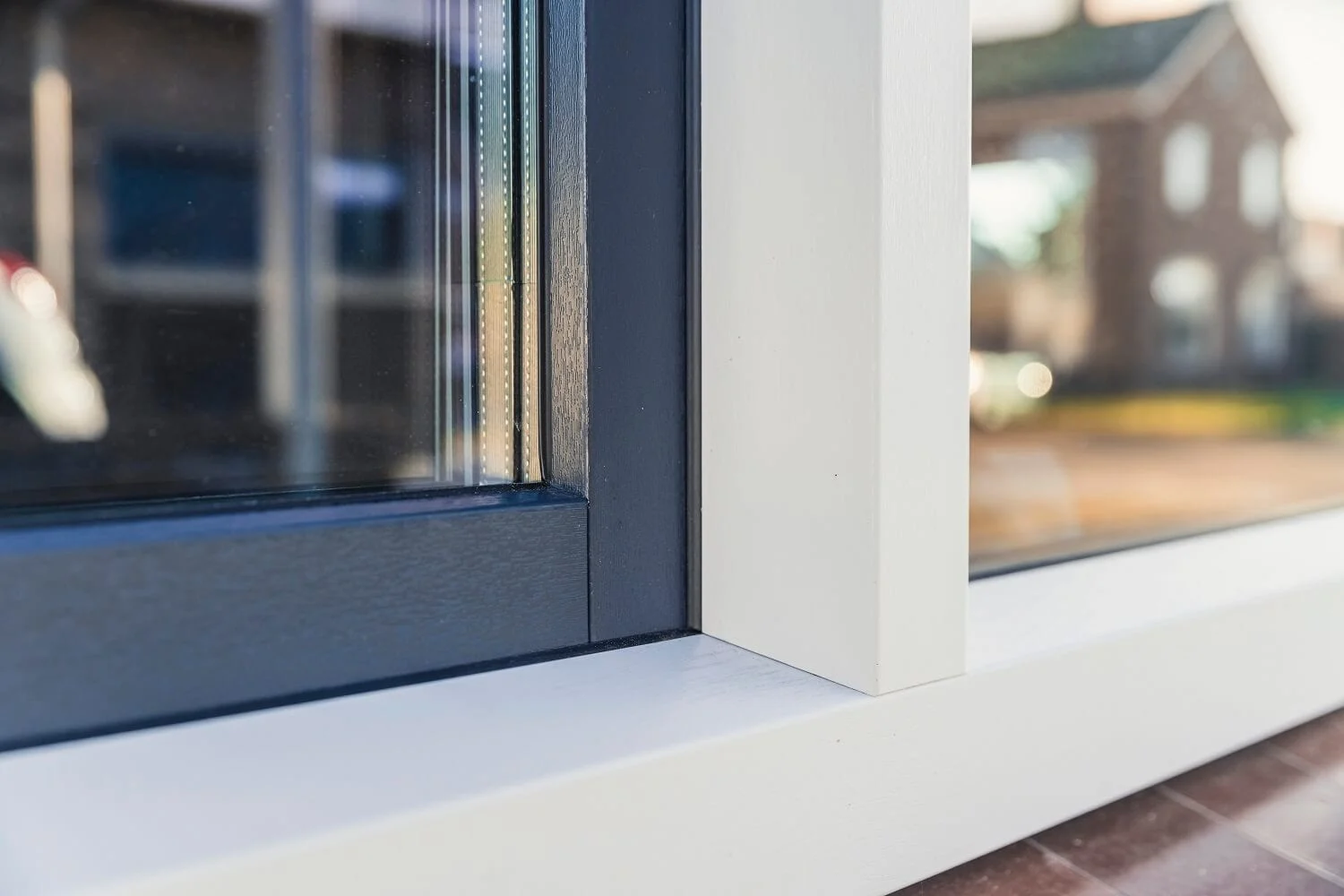 Detail van een hoekverbinding van een kunststof kozijn in combinatie met donkergrijs glasprofiel.