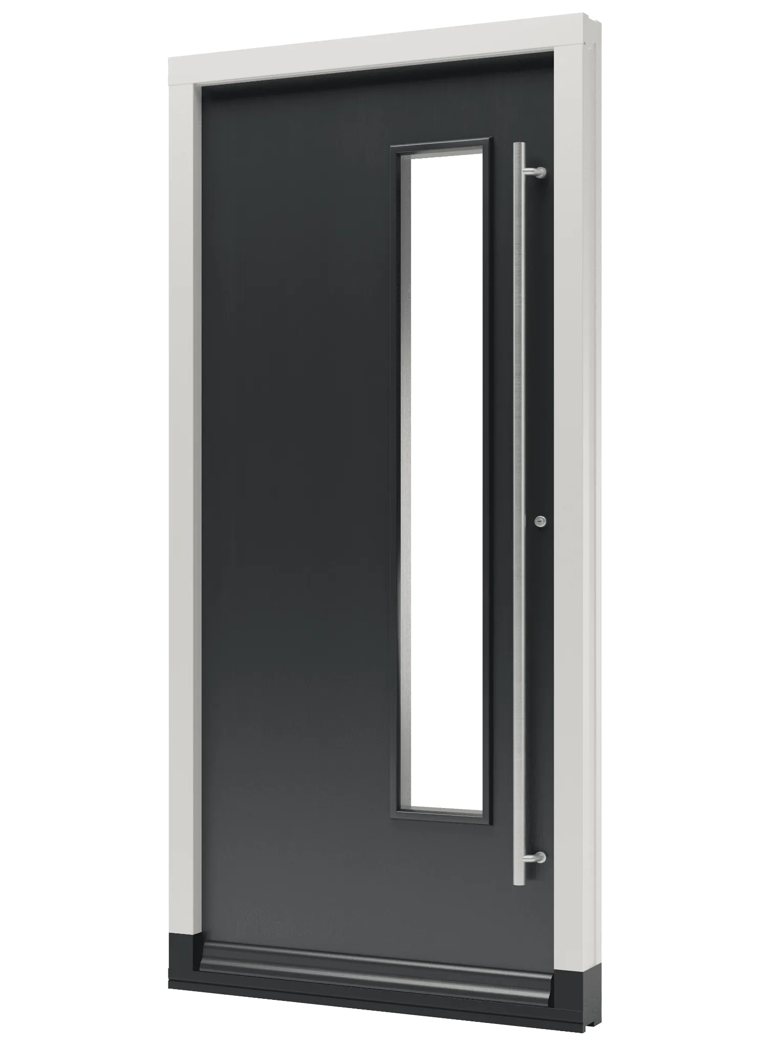 houten voordeur met glas en een lange handgreep