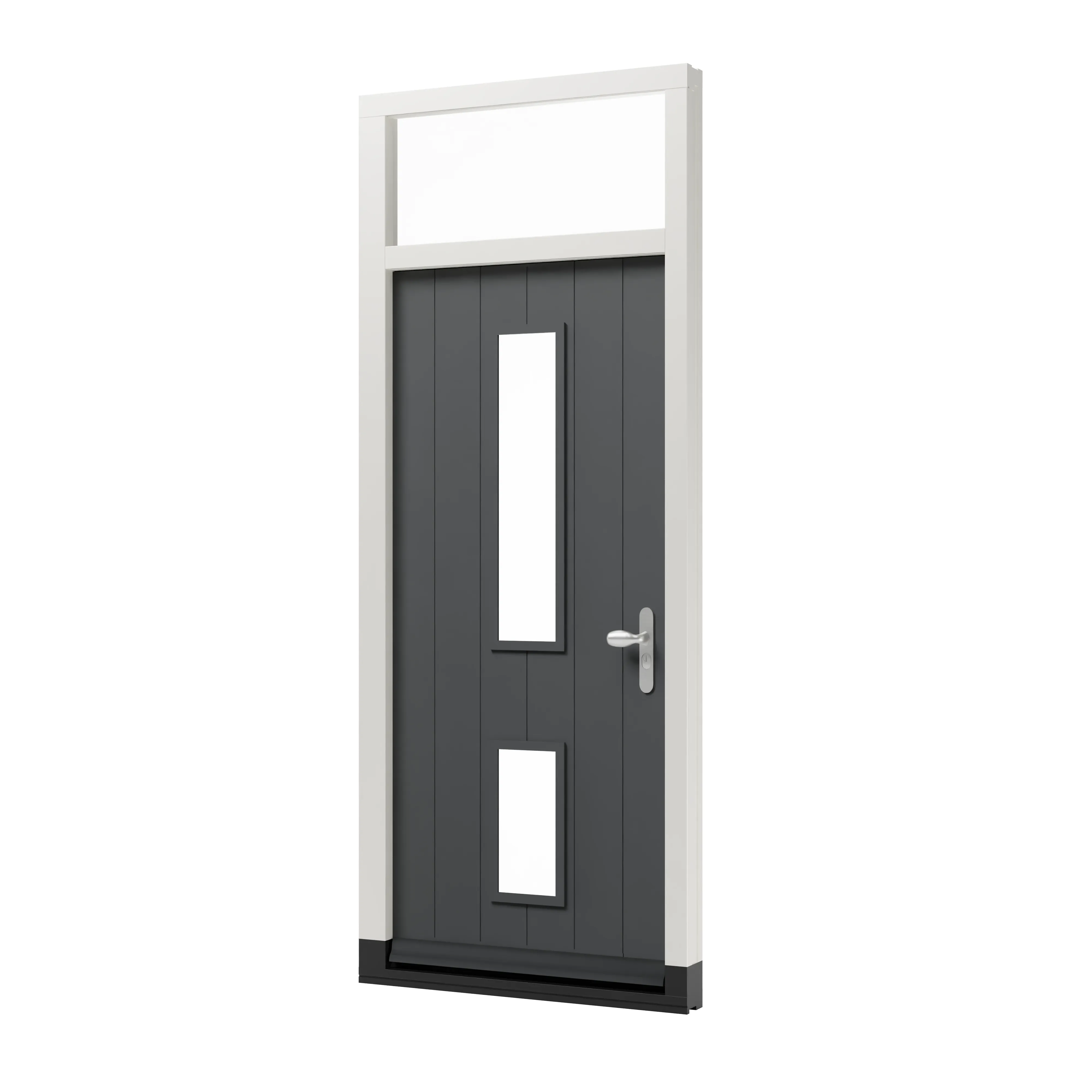 Houten voordeur TH15 met twee glasvelden en groeven. Het kozijn is voorzien van een bovenlicht