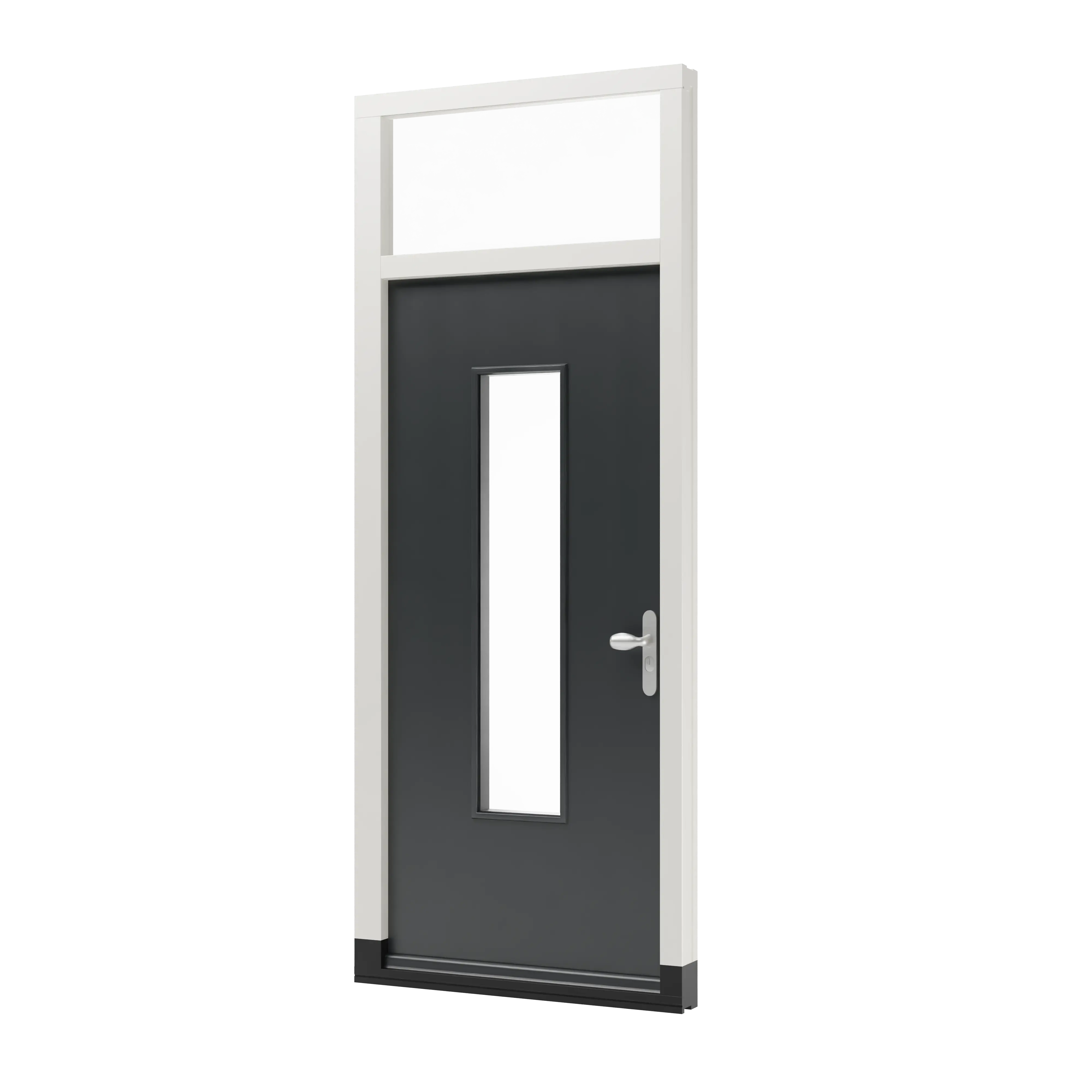 Houten voordeur met een bovenlicht, in de deur een groot glasveld.